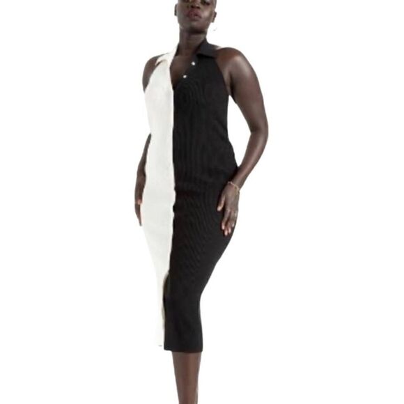 Eloquii Ribbed Colorblock Halter Collared Button Front Midi Dress Size 18/20 - Picture 1 of 10